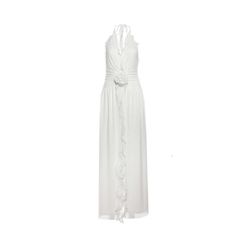 2025 Spring New Women's Solid Color Slim High Waist Fashion Halter Sexy Backless Dress 70e