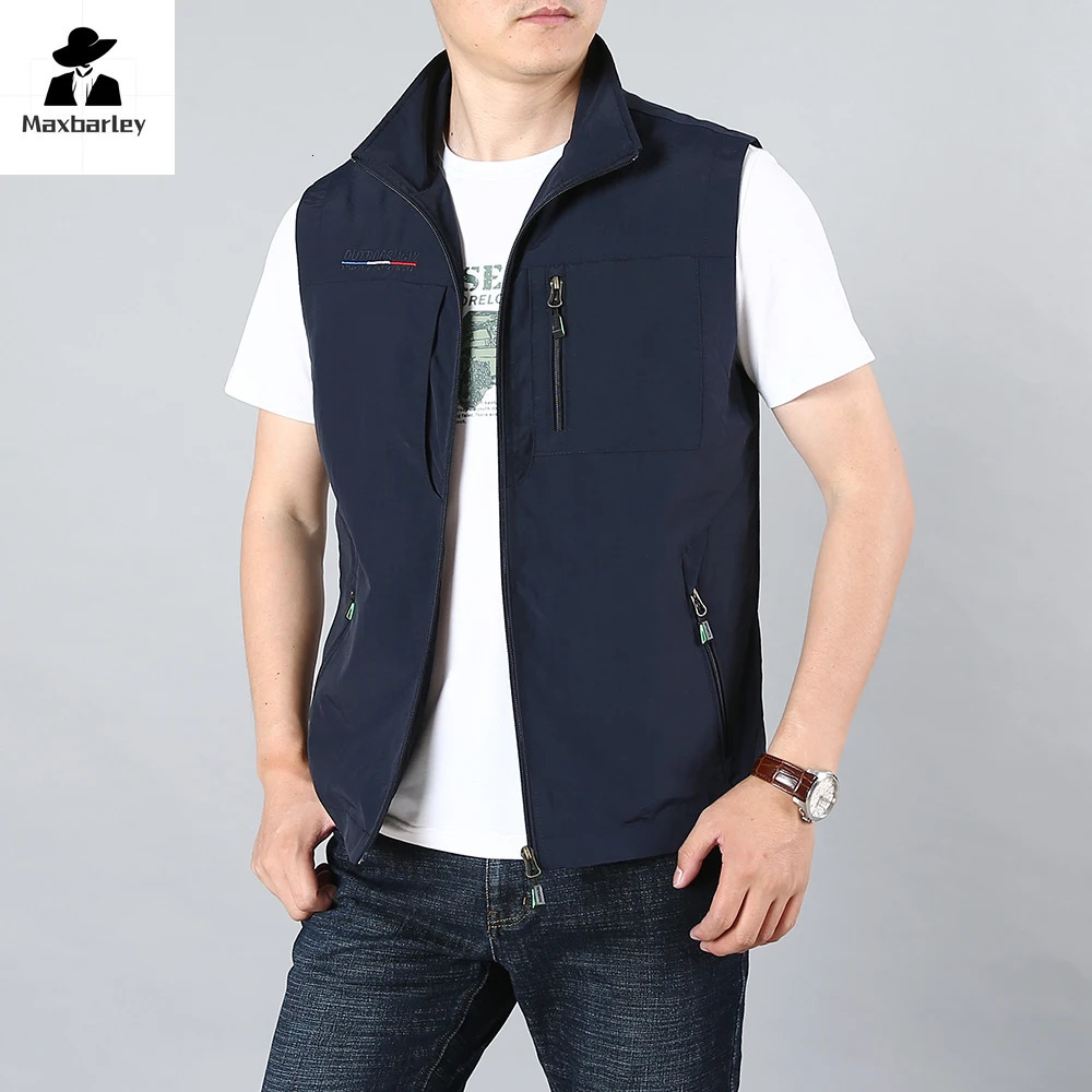 Mens Waistcoat Jackets Outdoor Fishing Vest 2024 Summer Solid Color Stand Collar Climbing Hiking Work Sleeveless With Pocket 250725