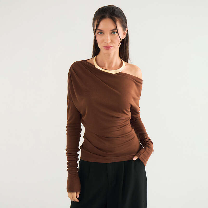 Ytp591 Autumn Winter Women's Sexy Asymmetrical Neck Off-Shoulder Ruched Waist Solid Color Short Top T-Shirt B5