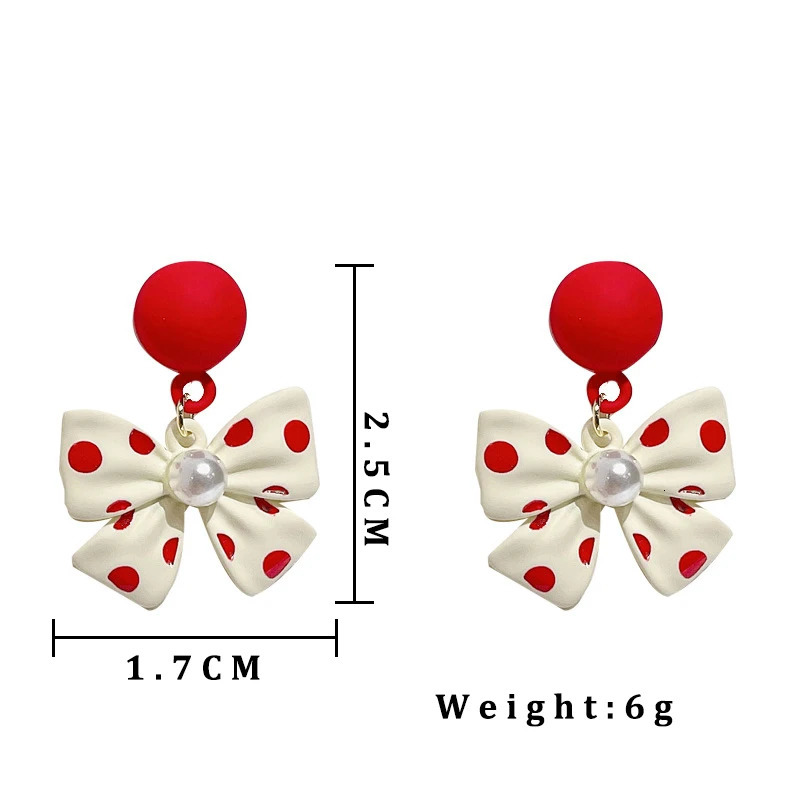 Cute Pearl Bowknot Drop Earrings for Women Red Round Dangle Wedding Party Wave Point Print Sweet Jewelry pendientes 250715