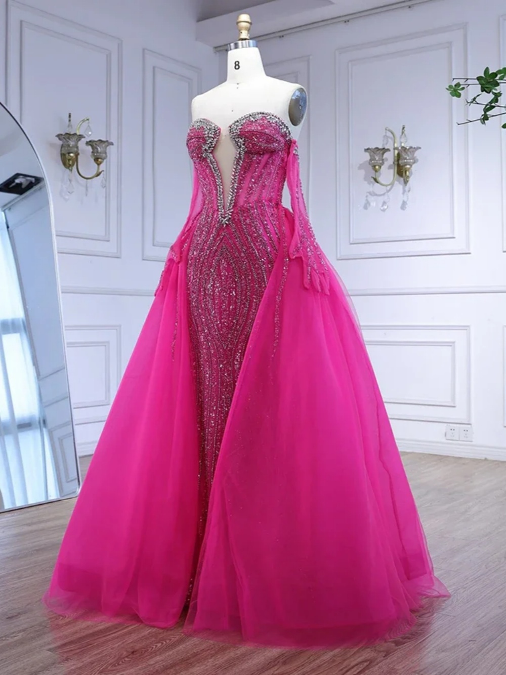 Princess Crystal Mermaid Evening Dress Off Shoulder Beaded Sequins Prom Gowns Detachable Sweep Train Party Dresses Customized