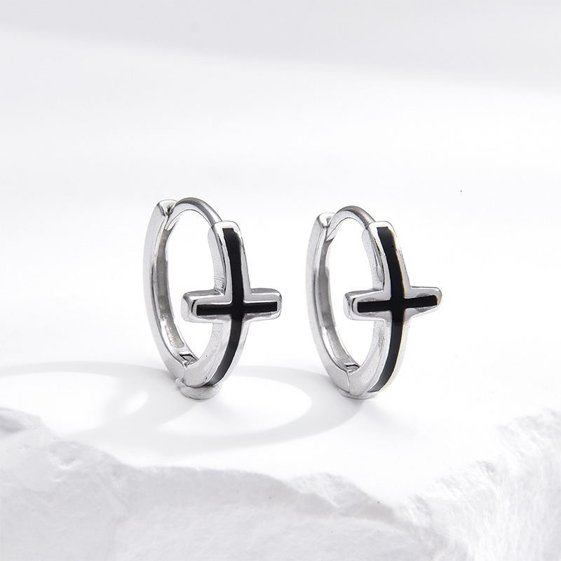 S Pure Sier Black Resin Cross Niche Minimalist Style Elegant Hoop Light Unisex Cool and Handsome Earrings Jewelry for Women