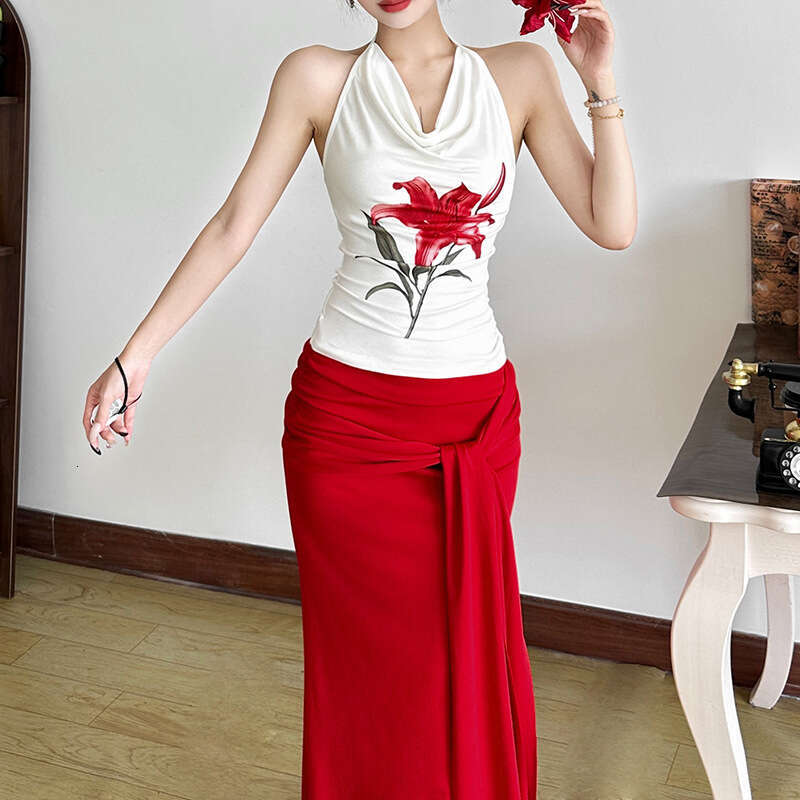 2025 Summer New Halter Neck Backless Sleeveless Slim Top High Waist Ribbon Skirt Set for Women dfb
