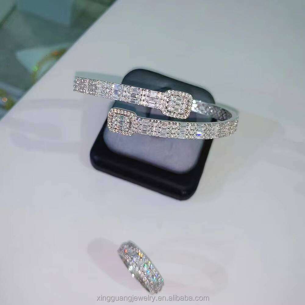 New Custom Design Baguette VVS Moissanite Dias S Sterling Sier Open Bangle Unisex Bracelet Jewelry