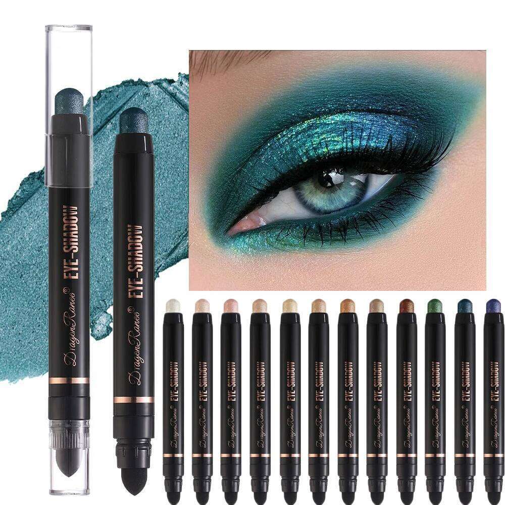 Double-head Smoky Dark Green Eyeshadow Pencil Stick Waterproof 12 Colors Metallic Glitter Eye Shadow Highlighter Pen Makeup Tool X250
