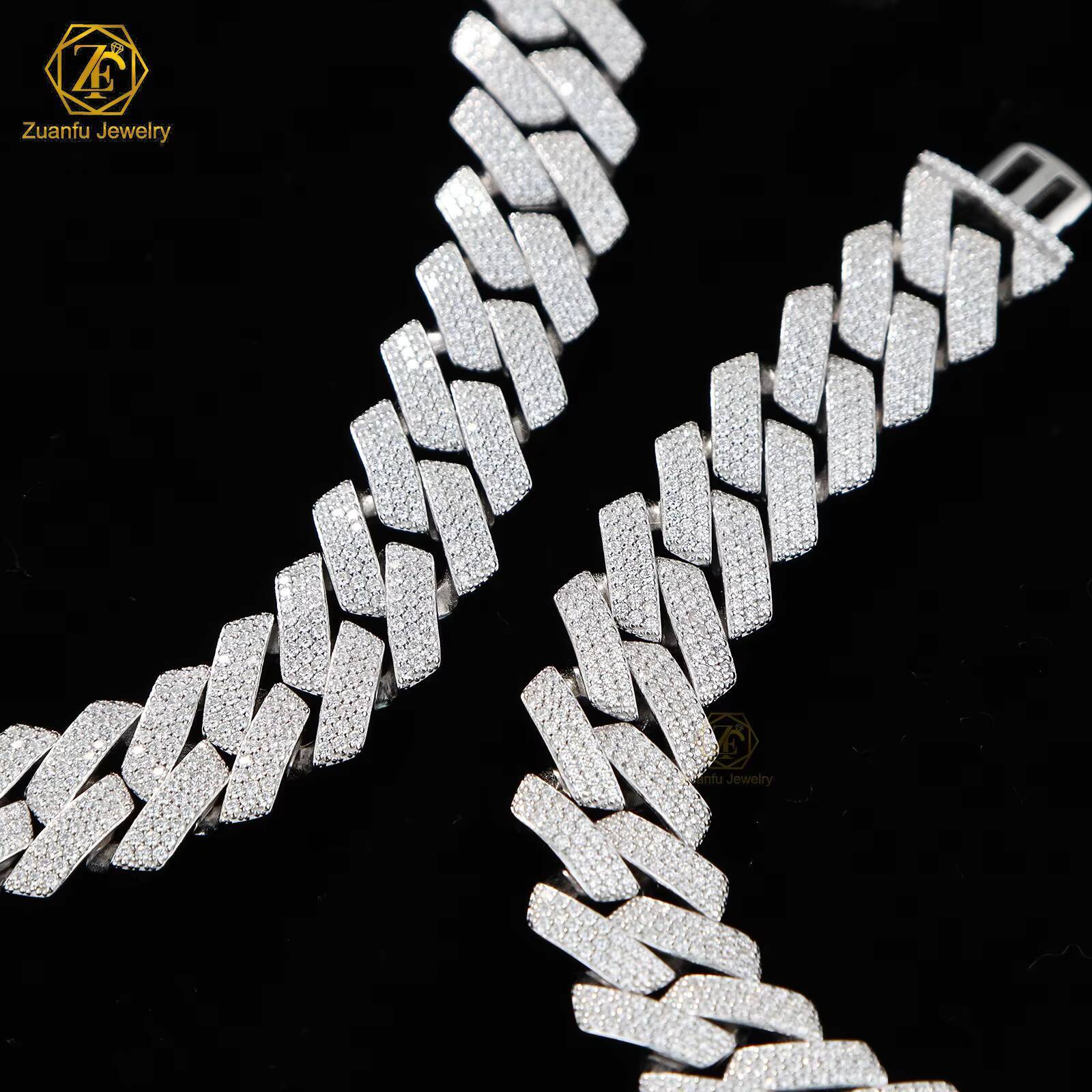RTS 15mm 3-Rows Ice Out Diamond Hip Hop Moissanite Fine Necklaces 925 Sterling Silver White Gold Cuban Link Chain for Men