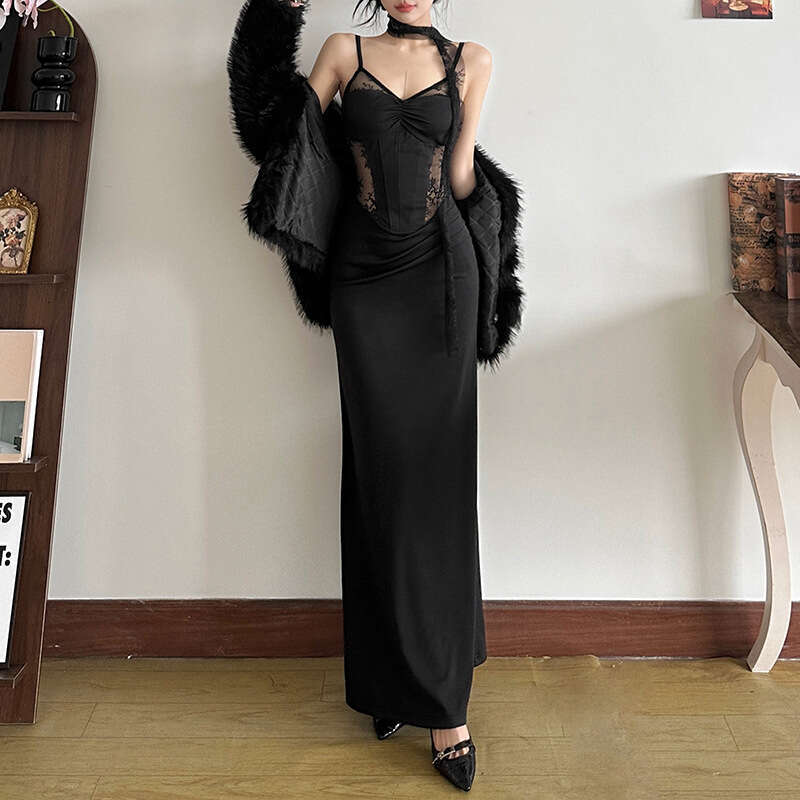 2024 Autumn Winter New Women's Solid Color Slim High Waist Fashion V-neck Strap Backless Dress 8e3