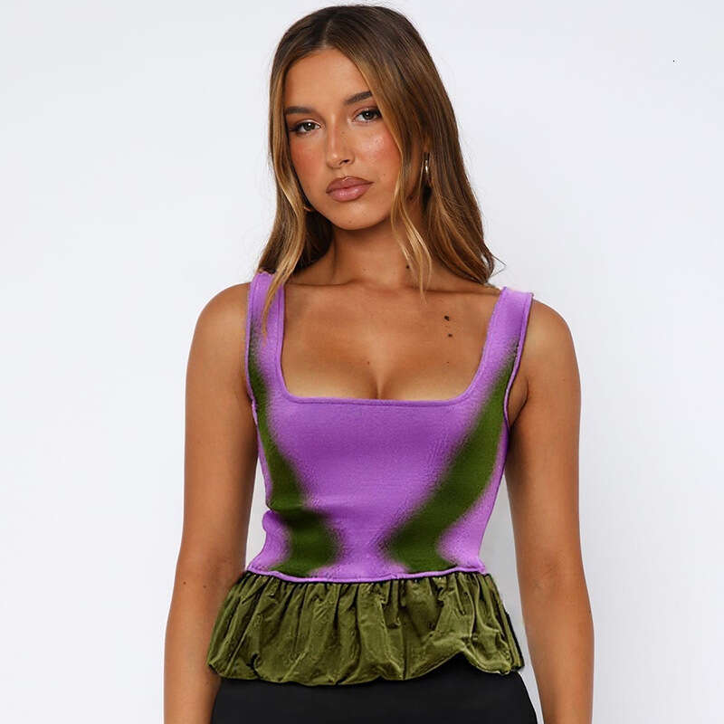 Y25tp163 Women's Summer New U-Neck Color-Block Ruffle Sexy Tank Top T-Shirt For Women B5