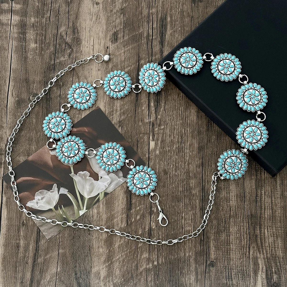 Europe and the United States retro fashion personality turquoise waist chain 250722