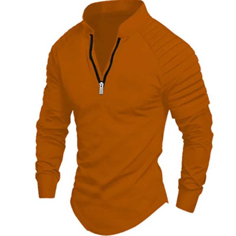 Mens Long-Sleeved Polo Shirt with Zipper Standing Collar Pleated Sleeves Solid Color Sports Casual Slim Fashion Mens Wear XJ250725