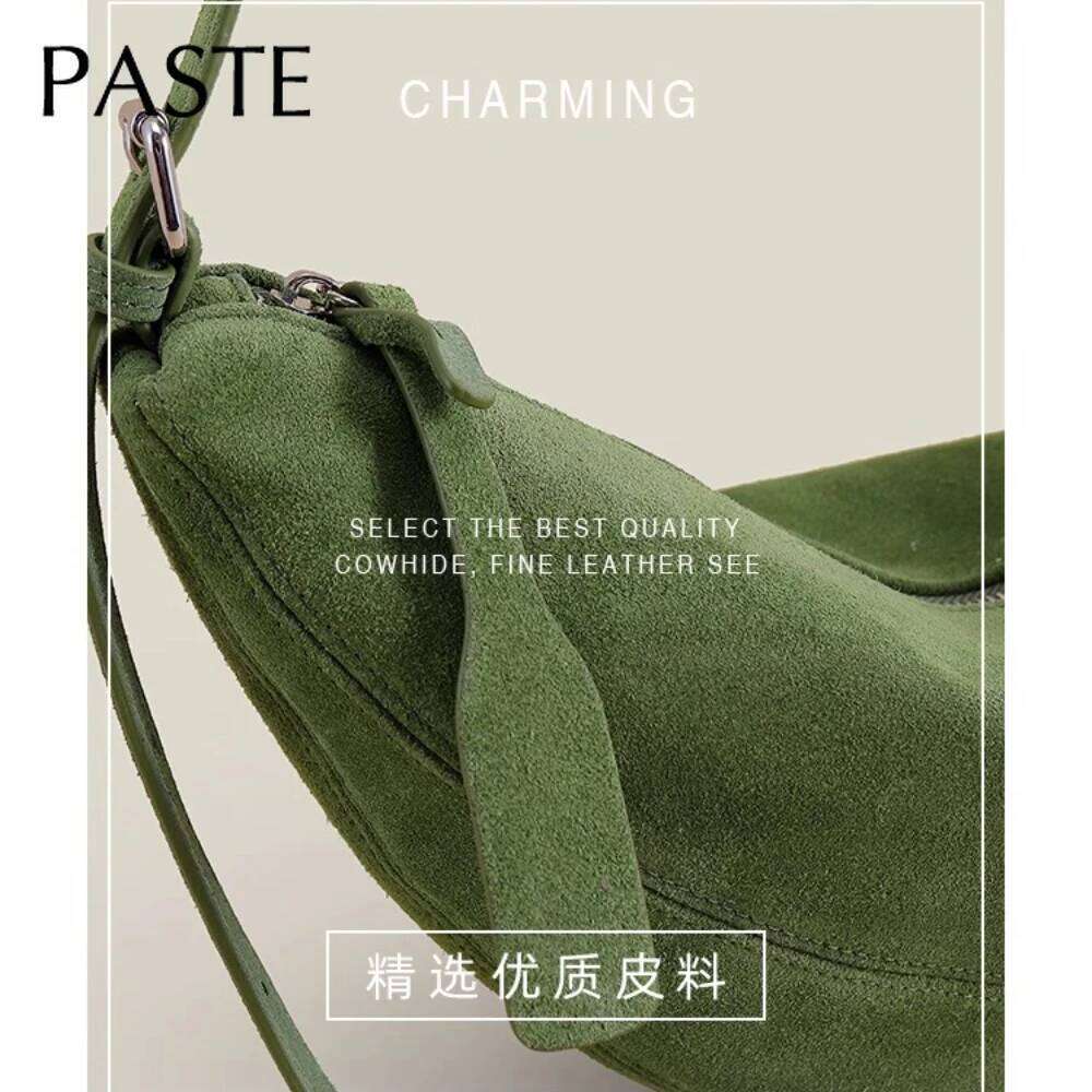 Strict Selection Autumn Crescent Saddle Soft Green Red Matte Suede Cow Leather Women Crossbody Bag High-end Daily-use Purse