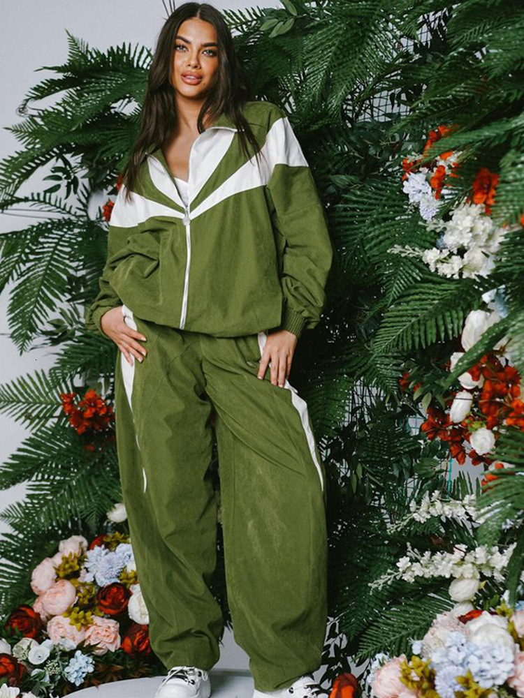 Loose Casual Womens Fashion Color-Block Long Sleeve Sports Cardigan and Pants Two-Piece Set Womens Pants Suit