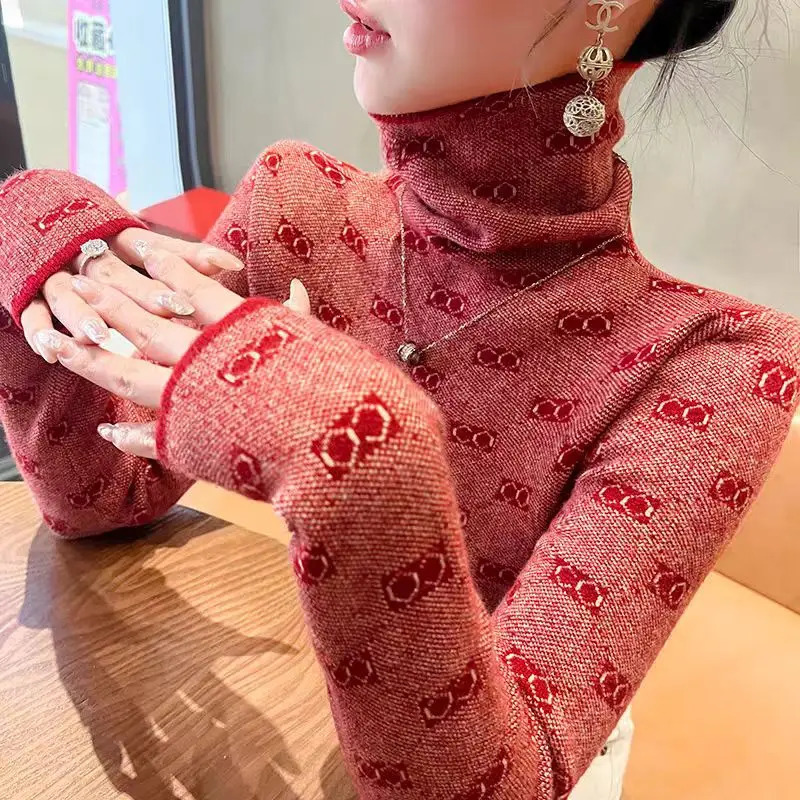 Women Knitwear Fashion Slim Letter Jacquard Pullovers Autumn Winter Soft Elastic Turtleneck Commute Sweaters 250724
