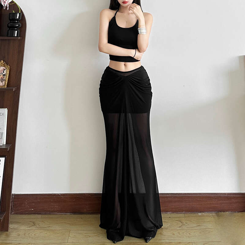 2025 Summer Style New Black Leg-Lengthening Versatile Semi-See-Through Mesh Long Skirt for Women 28e