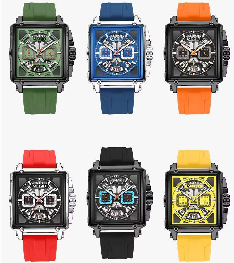 DHwatches MEGIR Men's Square Sports Watch - Chronograph, Luminous, 30M Waterproof, Silicone Strap, Fashion Wristwatch