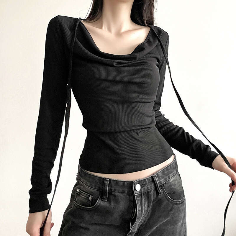 2023 Summer New Women's Solid Color Slim Fit Fashion V-neck Long Sleeve Tie T-shirt dc6