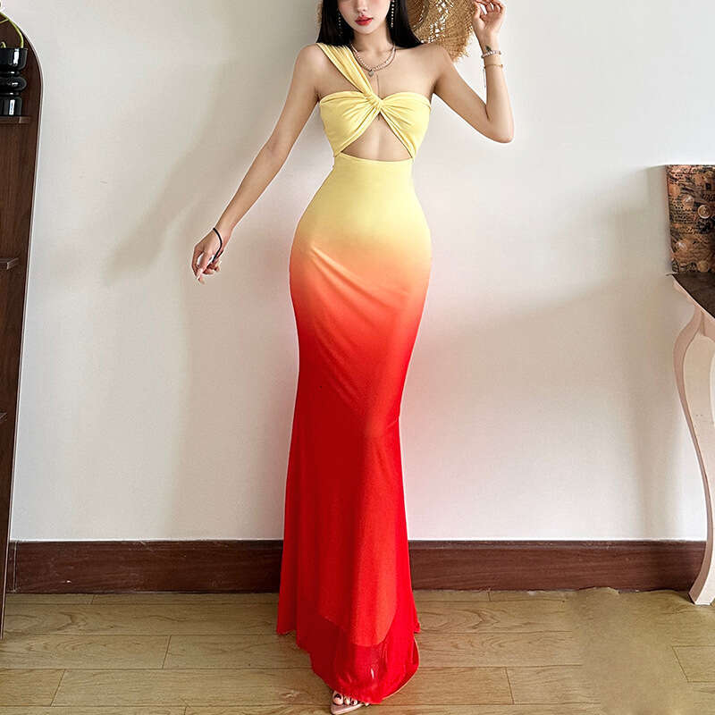 2025 Spring New Women's Solid Color Slim High Waist Fashion Single Shoulder Strap Sleeveless Dress 1fc