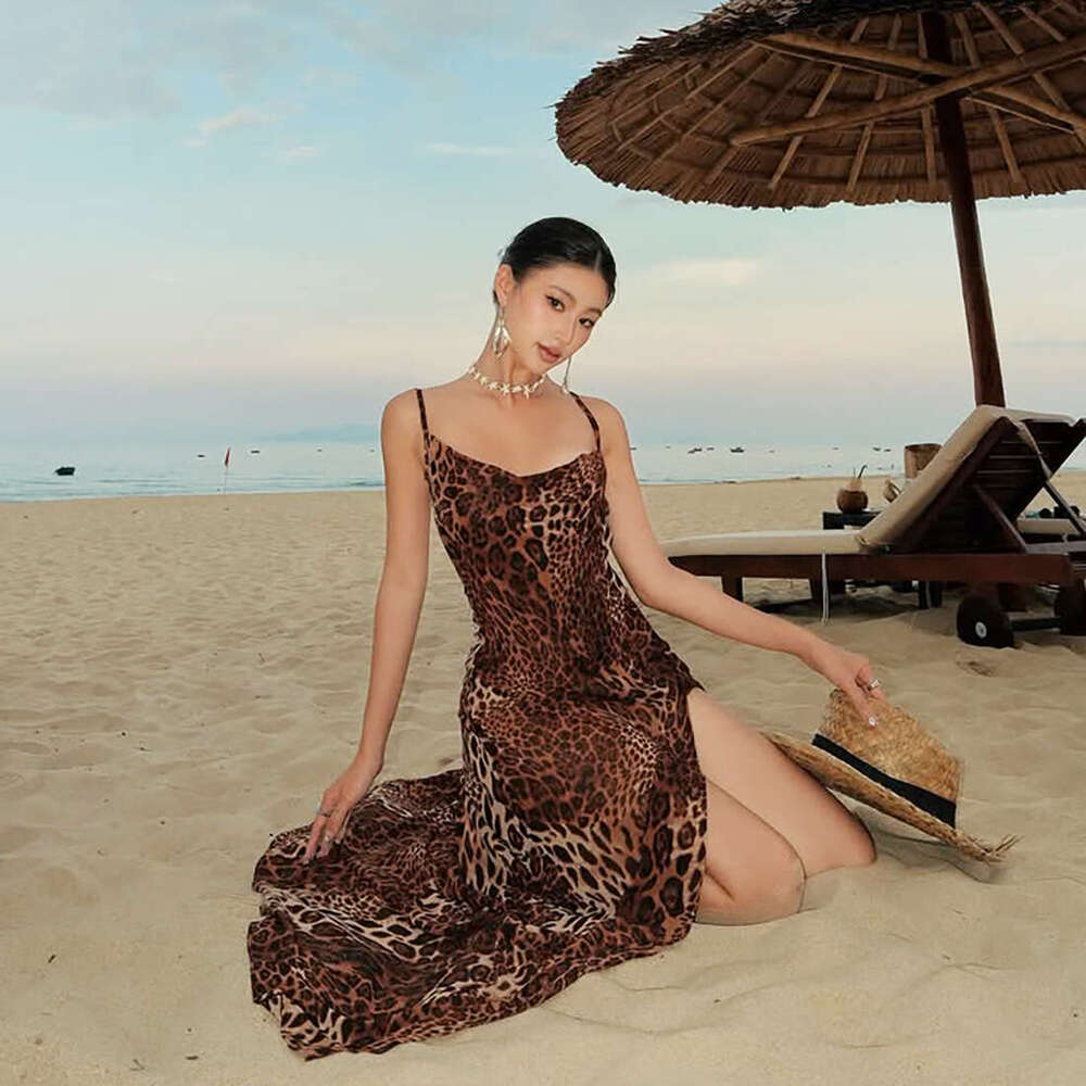 2025 Summer New Fashion Trend Leopard Print Backless Slit Sexy Pure Desire Strap Dress for Women e80