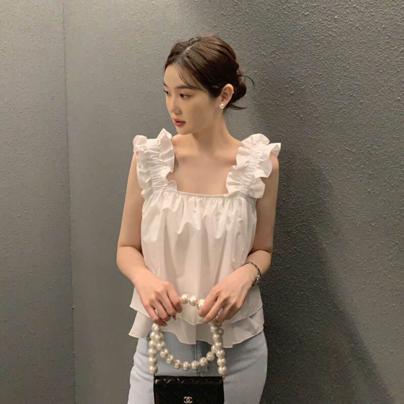 SXZY Summer Korean and Japanese New Loose Slimming Niche Design Front Short Back Long Ruffle Vest Top for Women