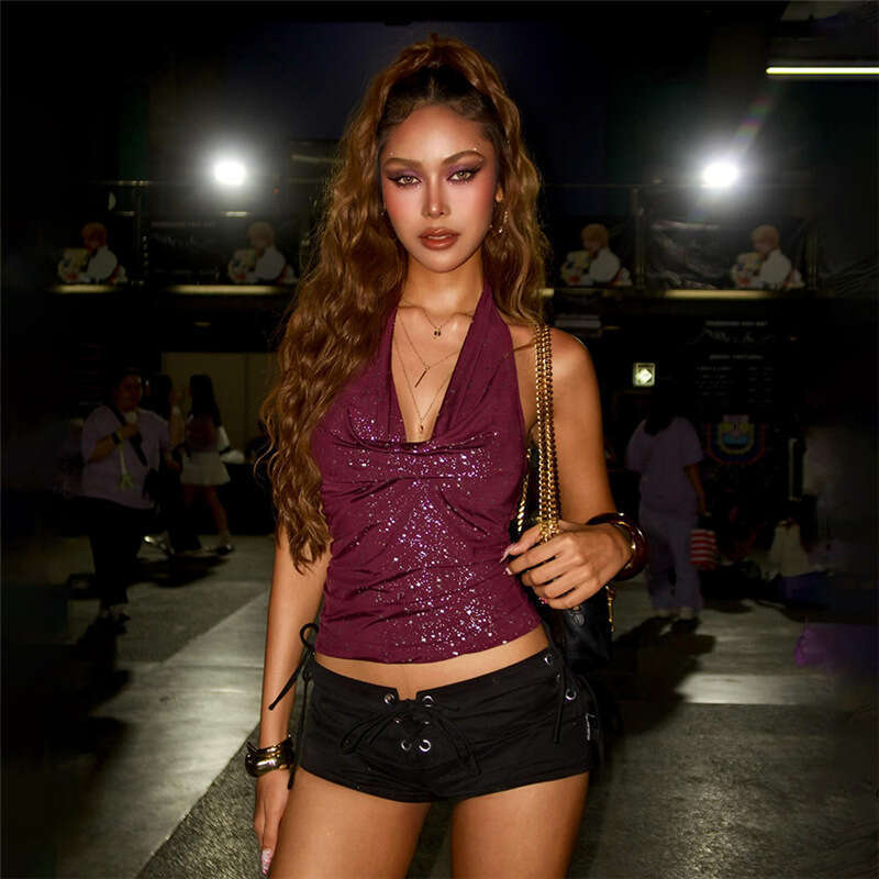 2025 Summer New Style Halter Neck Slim Fit Versatile Shiny Deep V Vest Fashion Sexy Women 66b