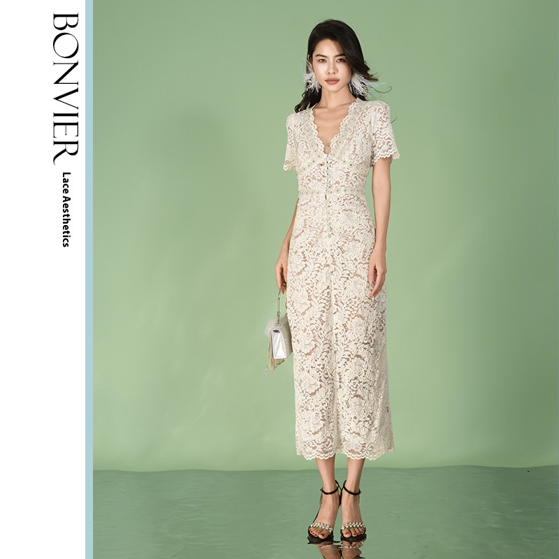 2025 Women Summer Elegant Short Sleeve Hollow Out Pearl Embroidery Midi Long Lace Evening Formal Basic Casual Dresses 6116554