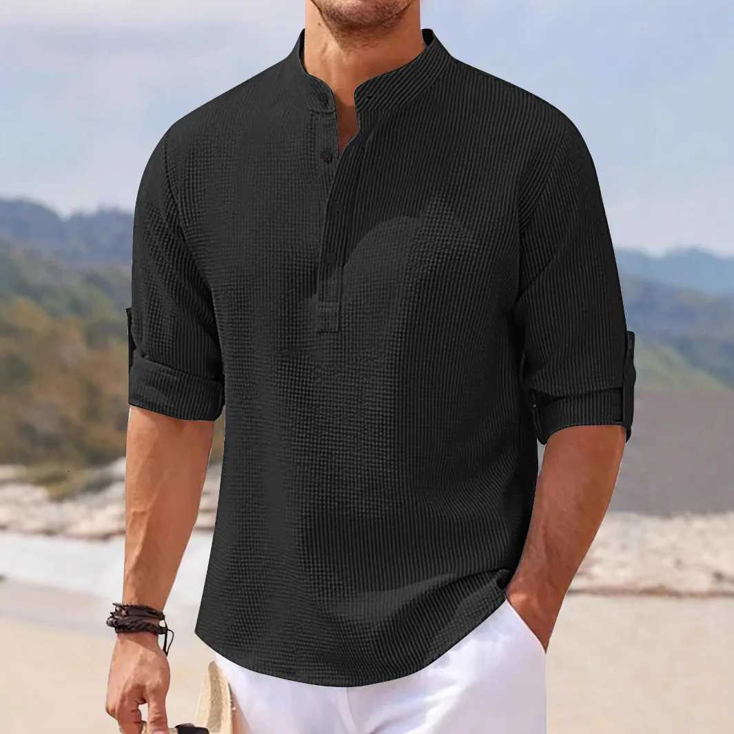 Summer Mens Medium Sleeve Polo Shirt Waffle Casual Loose Stand-Up Collar Button Polo Suit Mens XJ250725