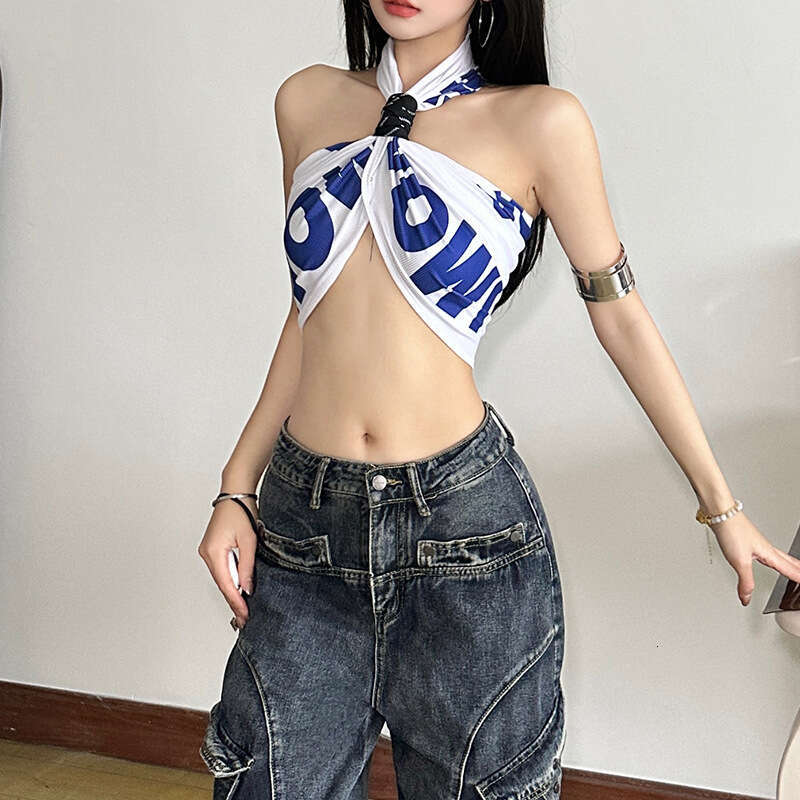 2025 New Summer Hot Girl Sexy Sleeveless Crop Slim Fit Versatile Tube Halter Neck Vest Top 887