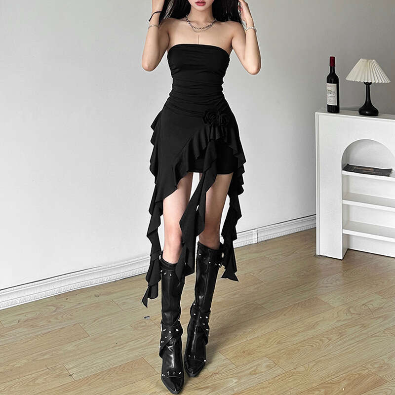 Women's Fashion 2024 Spring Summer New Fashionable Sexy Solid Color Waist-Tie Strapless Dress af0