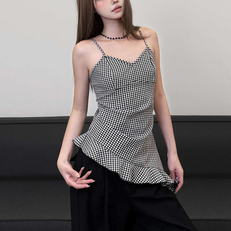 2025 Women's Spring Summer New Street Fashion Plaid Sexy Strap Irregular Tank Top e83