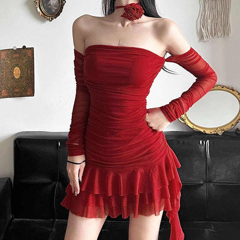 2023 Autumn Winter New Solid Color Sexy Off-Shoulder Fashion Tie Hip Dress 789