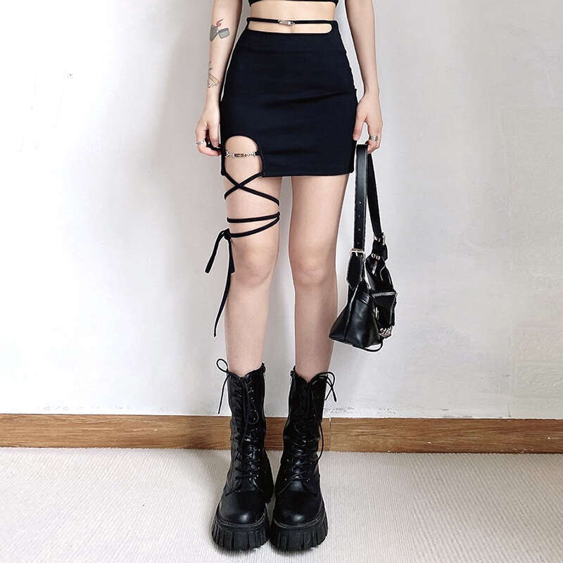 2022 Summer New Women's Solid Color Slim High Bodycon Street Fashion Tie Waist Skirt 6e0