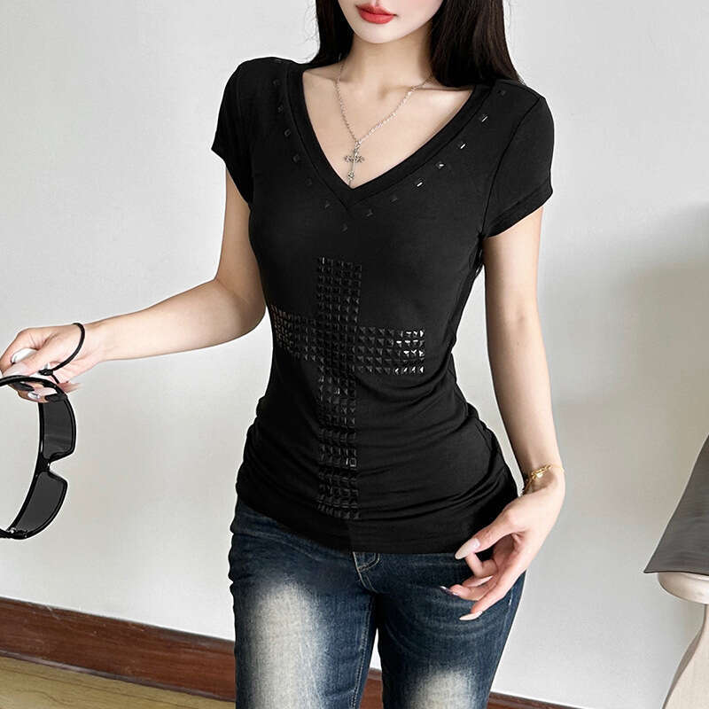 2025 Summer New Slim Fit V-Neck Waist-Cinching Slimming Versatile Fashionable Design T-Shirt Top for Women 7ad