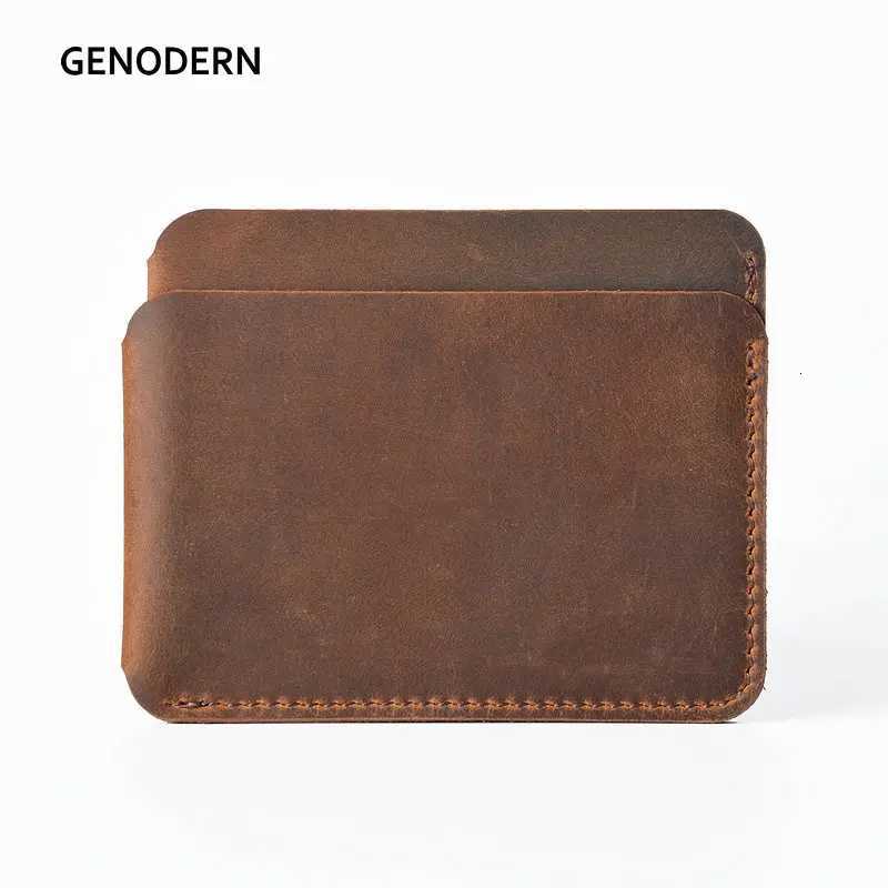 GENODERN Genuine Leather Business ID Card Holder Crazy Horse Leather Travel Holder Mini Wallet Men Women Purse Case Z250725
