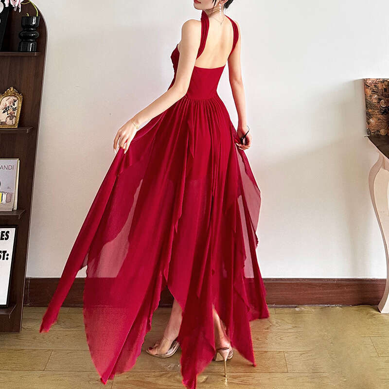 2025 French Style Halter Chiffon Sexy Strapless Backless Irregular Ruffle Long Dress 926