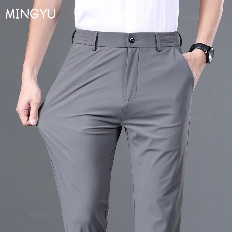 Summer Good Stretch Smooth Trousers Men Business Elastic Waist Korean Classic Thin Black Gray Blue Casual Suit Pants Male 250725