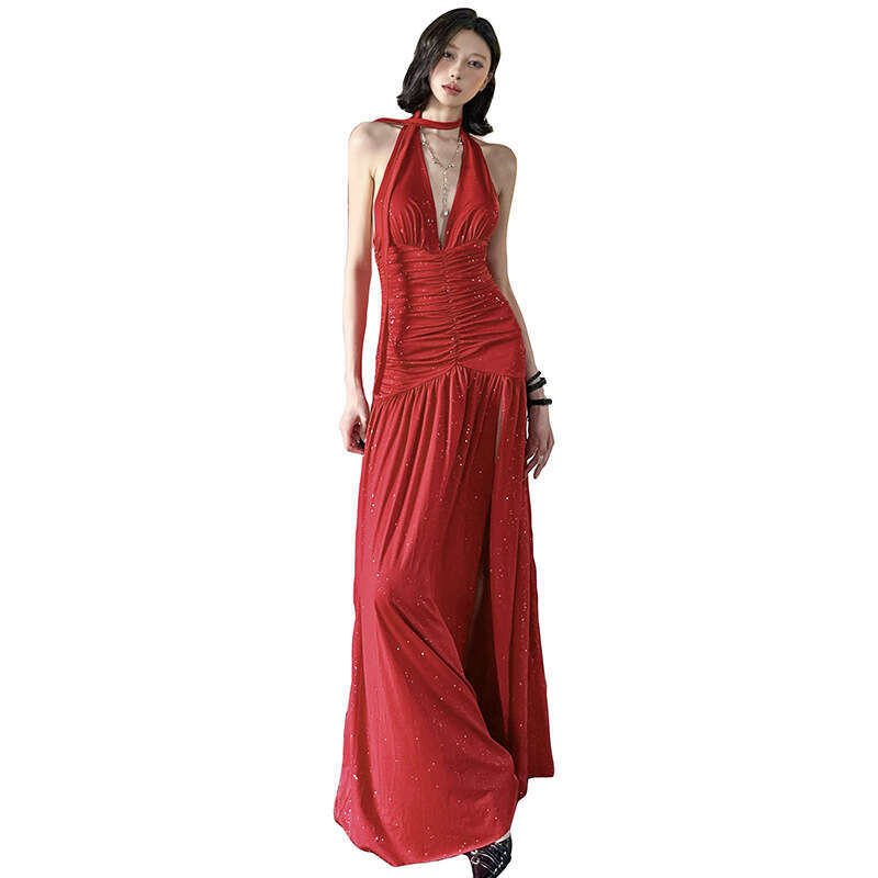2025 Summer New V-neck Beach Vacation Style Halter Tie Elegant Slim Dress Women's Fashion 978