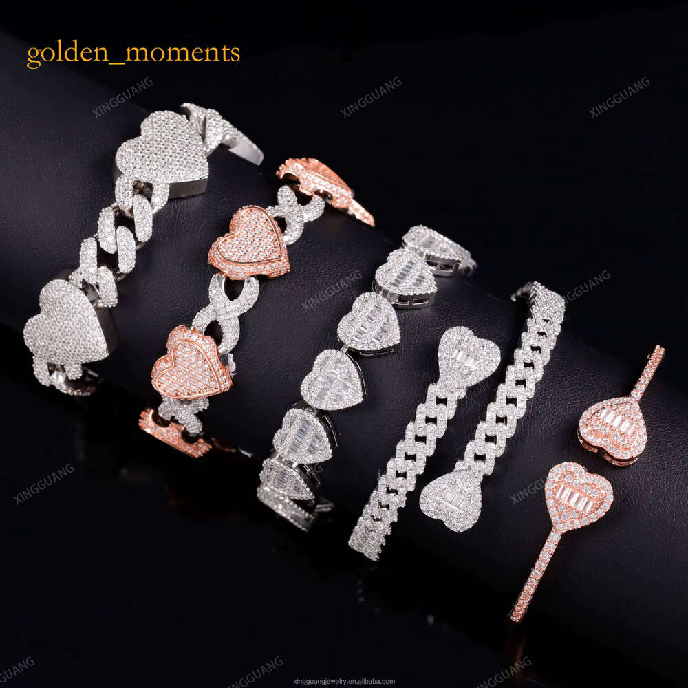XG Pass Dia Tester Heart Iced Out Cuban Sier Vvs Moissanite Bracelets Bangle for Men