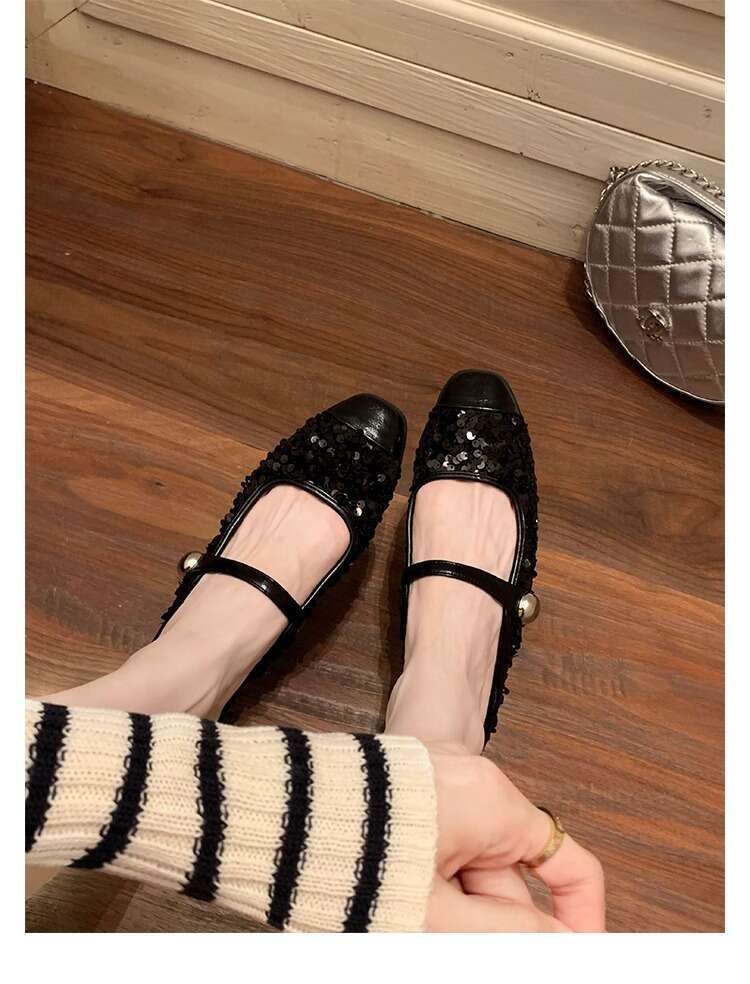 Designer Shiny Sequin Sandals for Women, Chunky Heel Single 2024 Spring Fashion Shoes, Huizhou Women's Mules