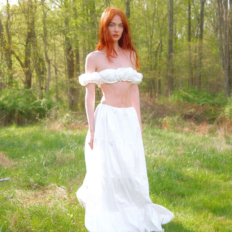2025Ins Summer New Beach Vacation Strapless Crop Top White Skirt for Women 925