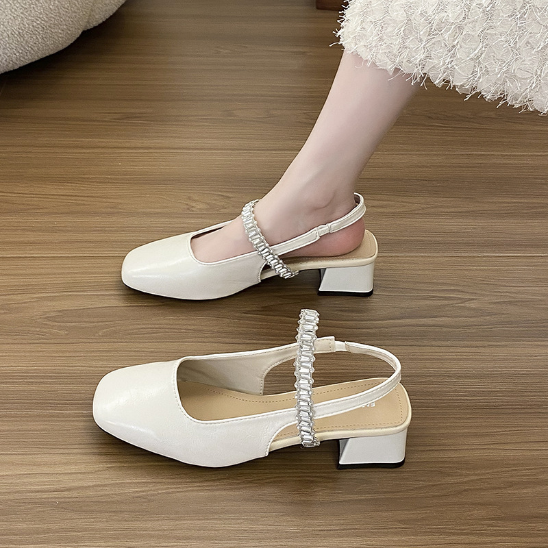 Ddmysports Square Chunky Fashion Single Closed Toe Sandals New Style Backless Shallow Mouth Mid Heel Mary Jane Women Shoes Outdoor Shoes