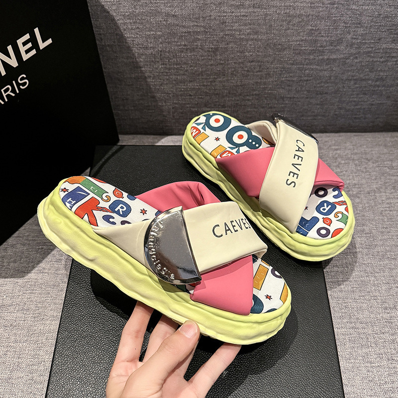 Ddmysports Trendy Graffiti Slippers For Women Summer Outdoor New Niche Fashion Platform Thick Sole Beach Sandals Outdoor Shoes