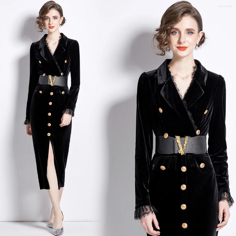 Lanjia- Casual Dresses Autumn Elegant V-Neck Veet Dress Women Long Sleeve Fashion Metre Buttons Split Sheath Bodycon Office Party Pencil Vestidos A669