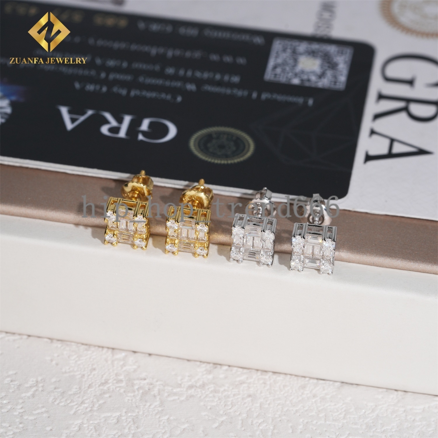 Full Paved Iced Out Emerald Cut Moissanite Earrings 925 Sterling Silver VVS Moissanite Hip Hop Stud Earrings