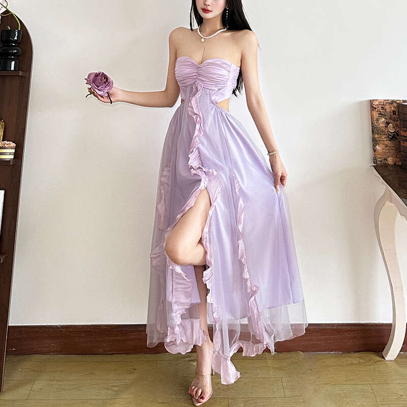2025 Spring New Women's Solid Color Slim Fit High Waist Fashion Off-Shoulder Tube Dress 6e4
