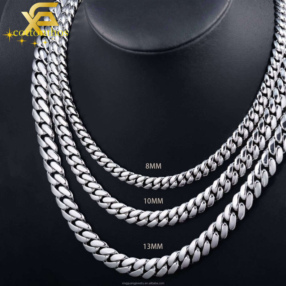 Hot VVS Moissanite Lock Spring Clasp White Gold Plated 8MM 10MM 13MM Miami Link Solid Sier Plain Chain Cuban Necklace