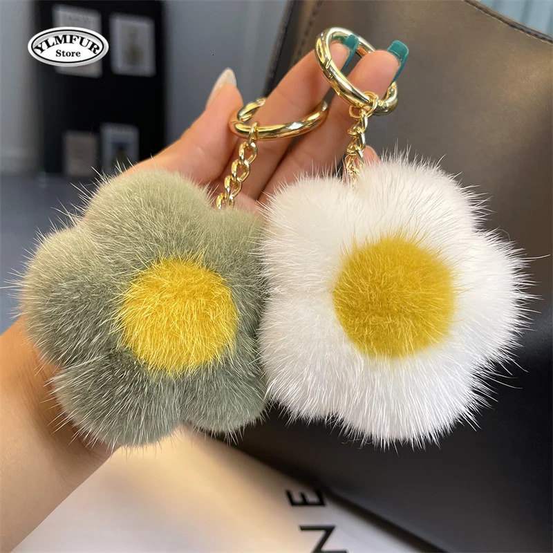 Korean Sweet Mink Fur Flower Keyrings Colorful Flower Keychains for Bags Charms Pom pom Flowers Keys Accessories Pendnat Gifts 250722