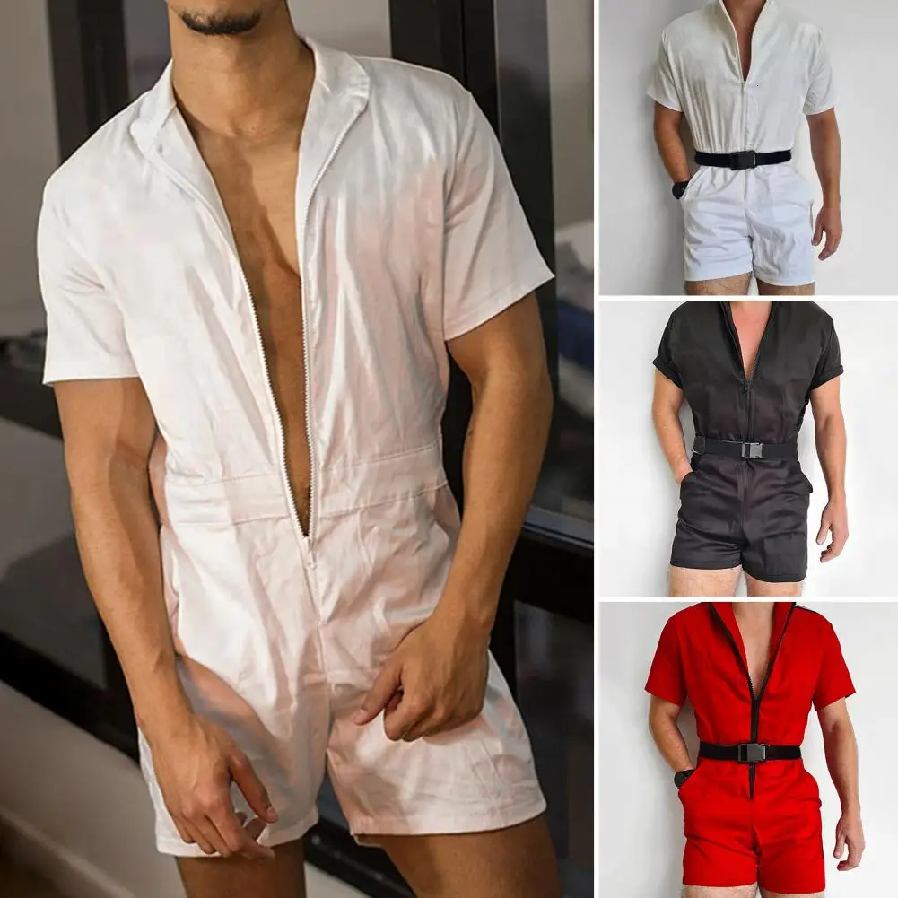 Stylish Men Overall Shorts Zipper Temperament Slim Short Sleeve Romper Male Jumpsuit Streetwear 250725