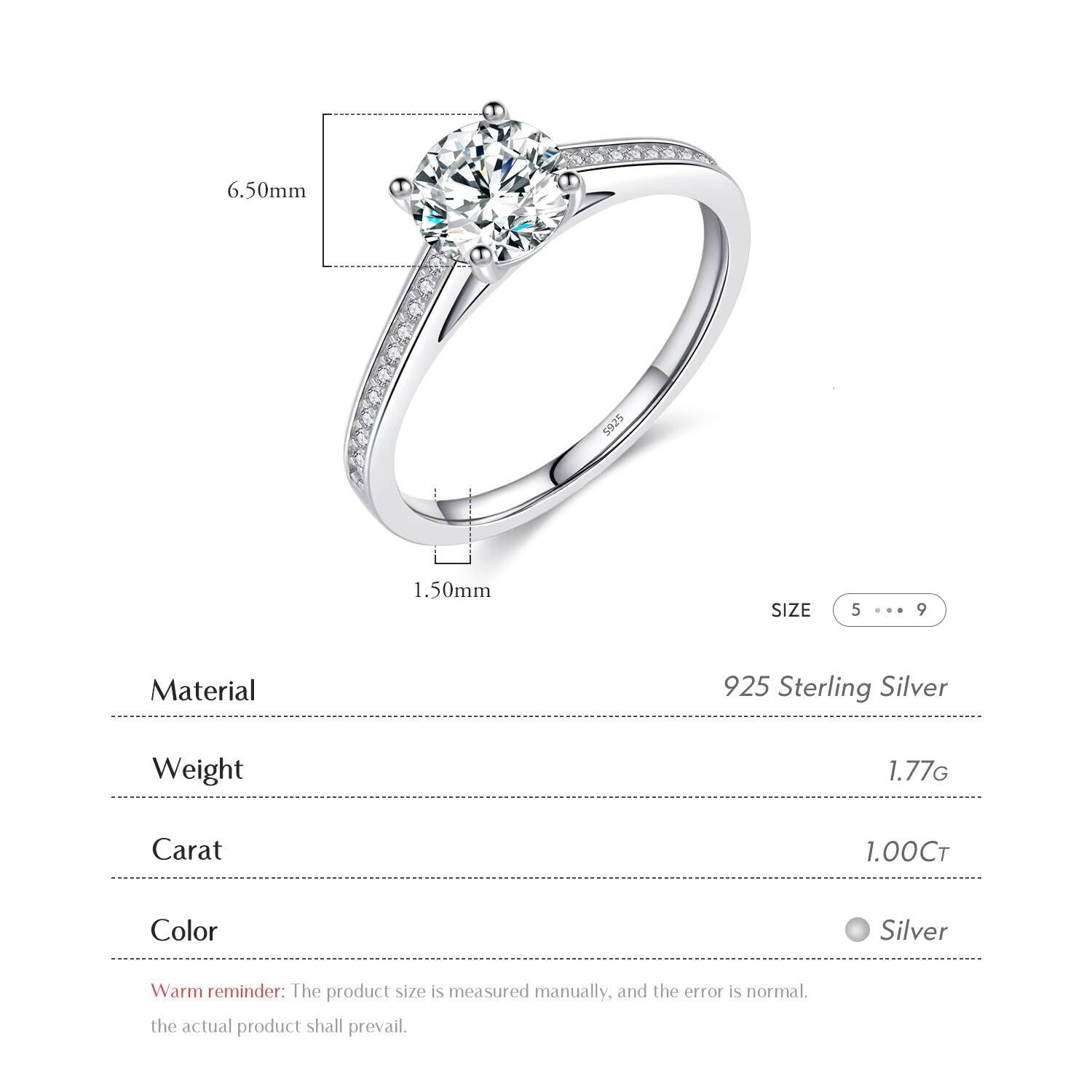 925 Sterling Silver Classic Wedding Engagement Band Jewelry D Color Lab Diamond 1CT Moissanite Ring for Women
