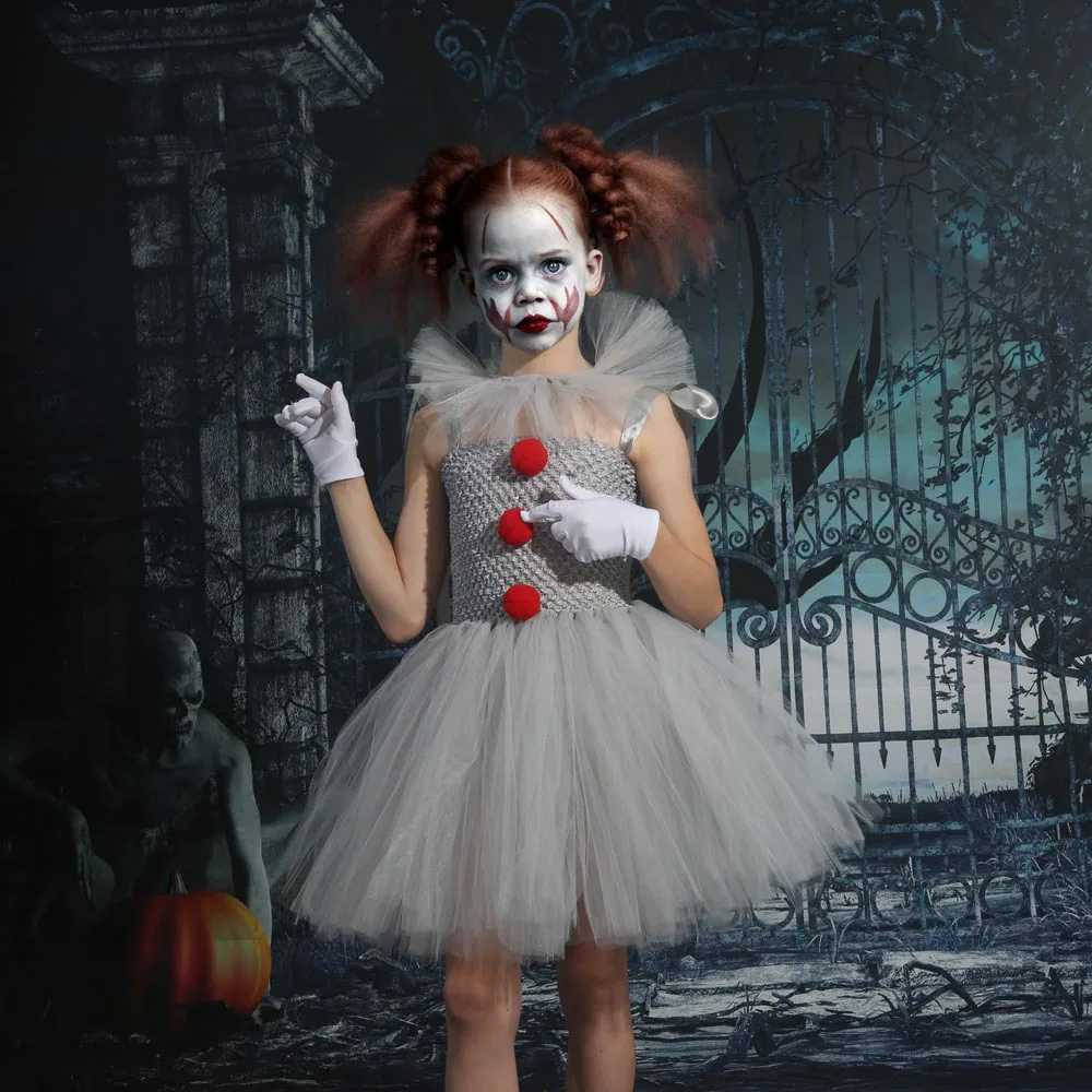 Girls Gray Joker Costume Handmade Mesh Tutu Dress Kids 2024 Halloween Carnival Cosplay Par Creepy Clown Children Clothes Z250725