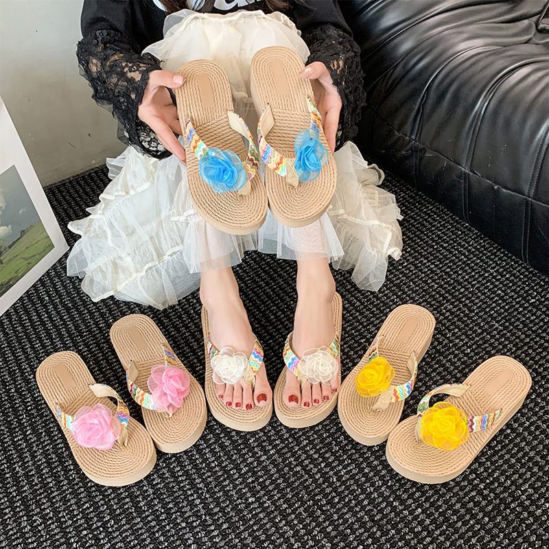Ddmysports New Fairy Style Wedge Flip Flops For Women Summer Fashion Straw Woven Flower Thick Sole Casual Pastoral Vacation Beach Sandals Outdoor Shoe